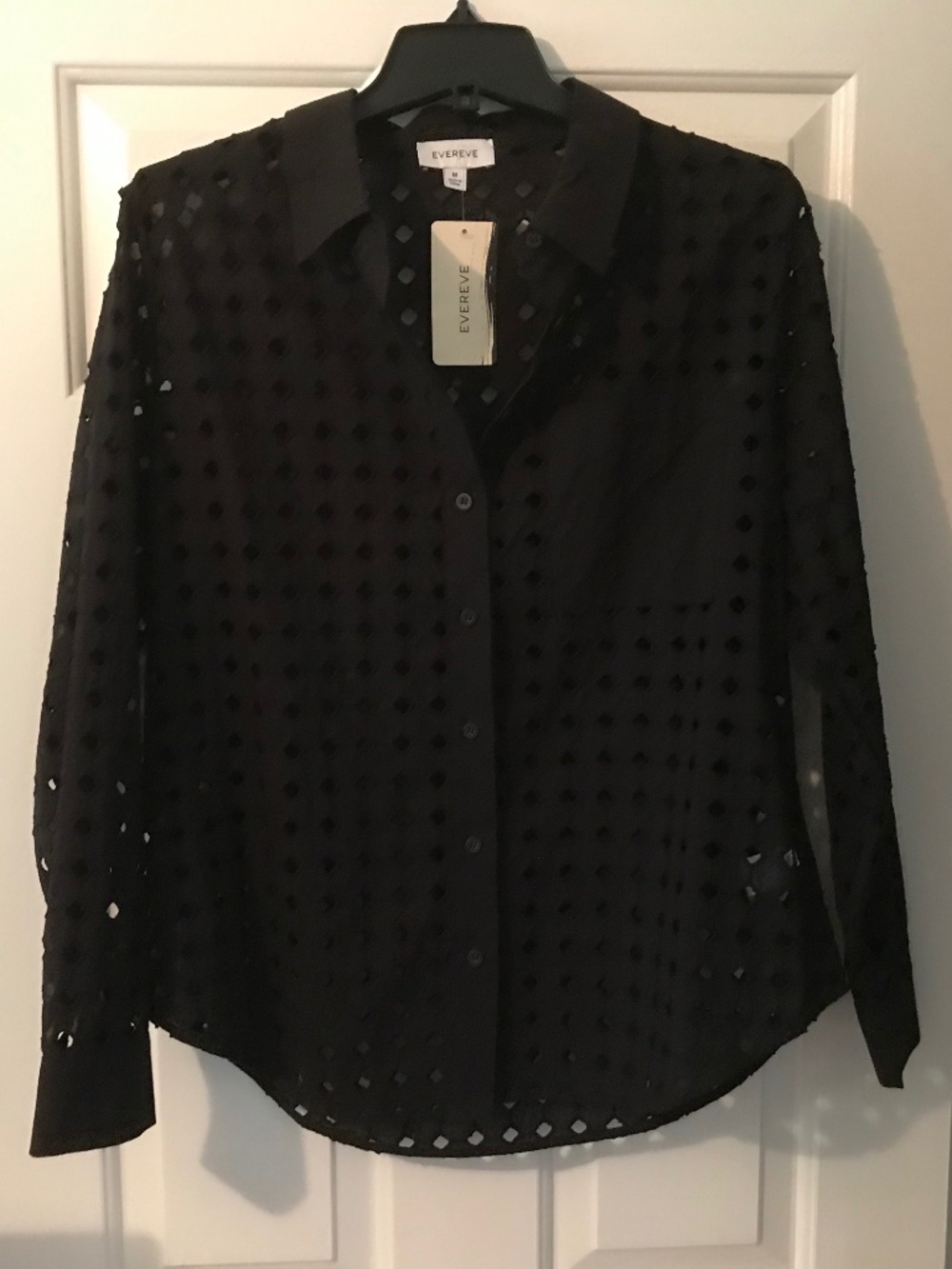 Evereve Liv Eyelet Button Down Black Cotton Shirt Coverup Size M NWT,